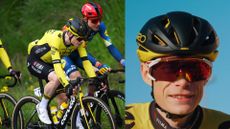 Jonas Vingegaard racing is seen racing his bike on the left, on the right his head is pictured in a helmet and new sunglasses