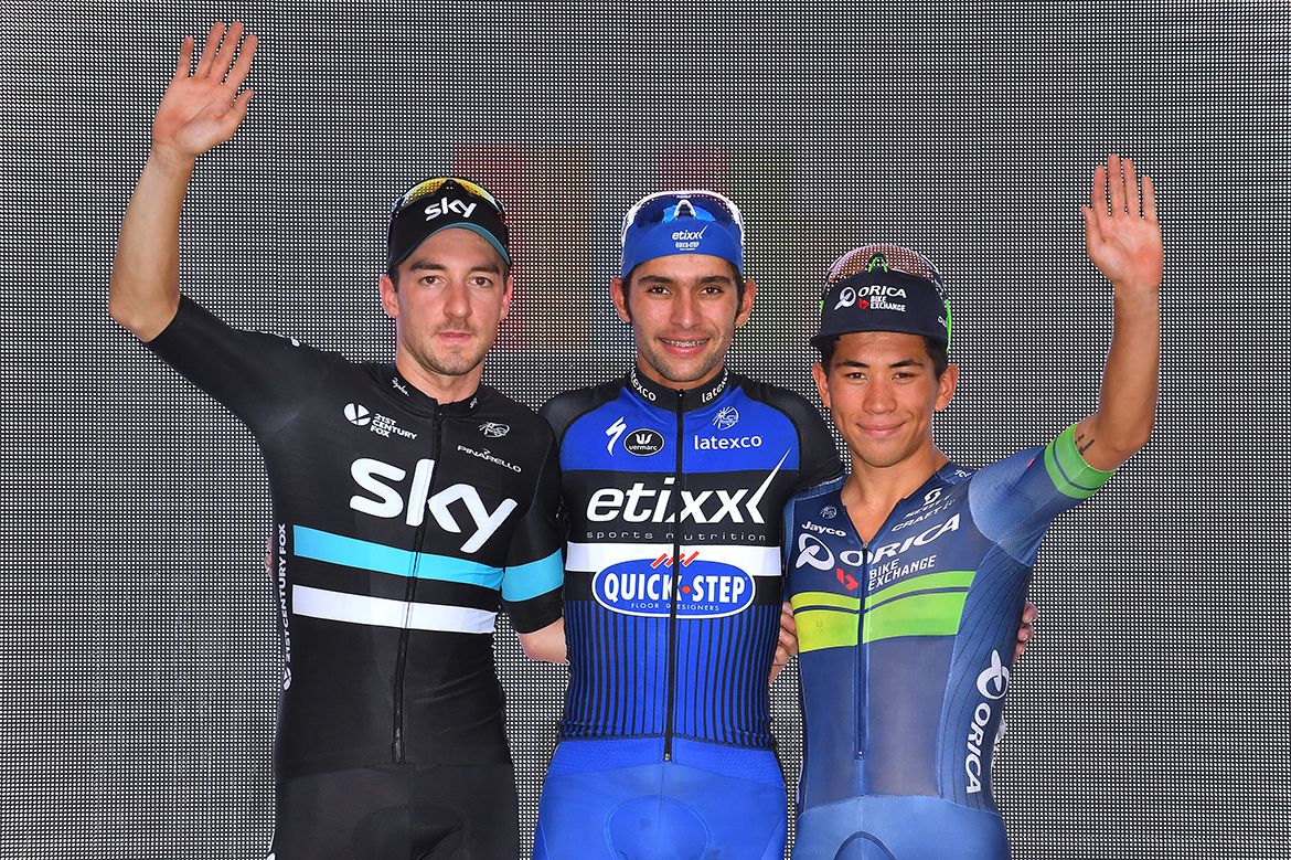 Elia Viviani, Fernando Gaviria and Caleb Ewan on the podium in Poland