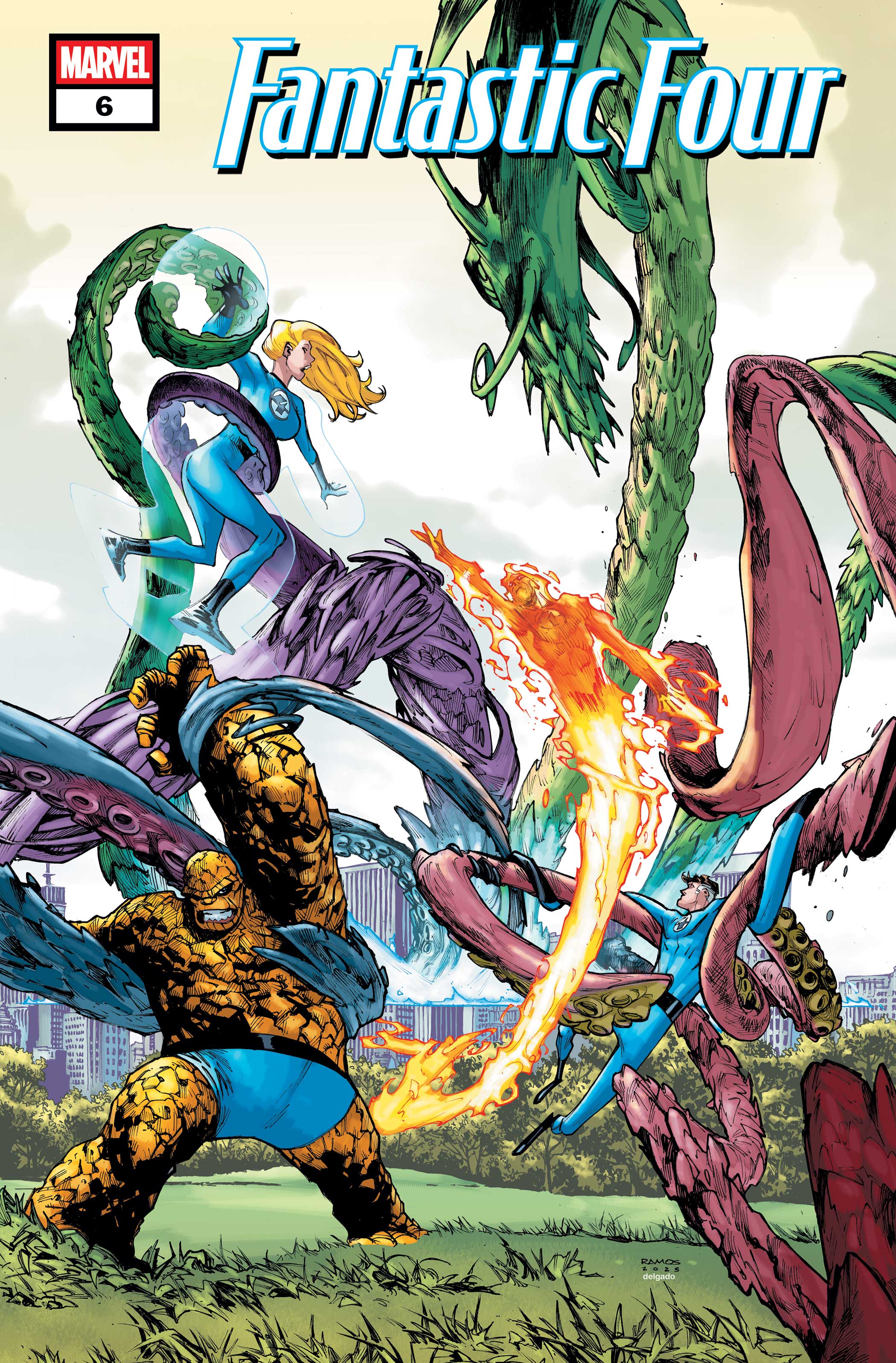 The Fantastic Four battling a many-tentacled sea monster