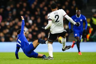 Chelsea's Joao Felix brings down Fulham's Kenny Tete and is sent off in a Premier League game in January 2023.