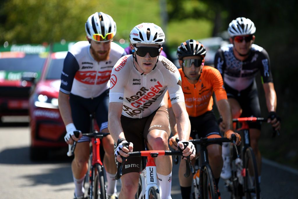 SANTA CRUZ DE BEZANA SPAIN AUGUST 31 Stan Dewulf of Belgium and AG2R Citren Team leads The Breakaway during the 76th Tour of Spain 2021 Stage 16 a 180km stage from Laredo to Santa Cruz de Bezana lavuelta LaVuelta21 on August 31 2021 in Santa Cruz de Bezana Spain Photo by Tim de WaeleGetty Images