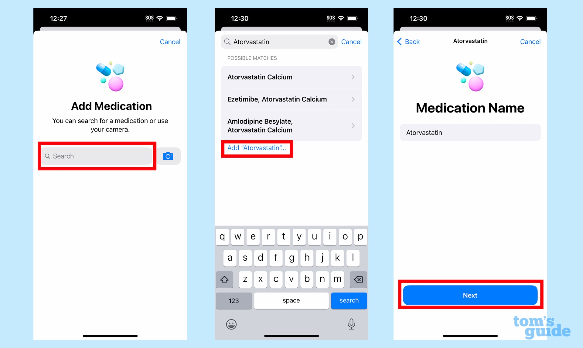 ajouter des médicaments en utilisant le champ de recherche dans l'application de santé iOS 16
