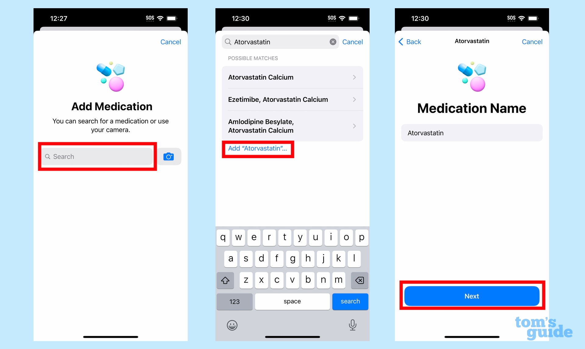 Add a medication using the search field in the iOS 16 health app