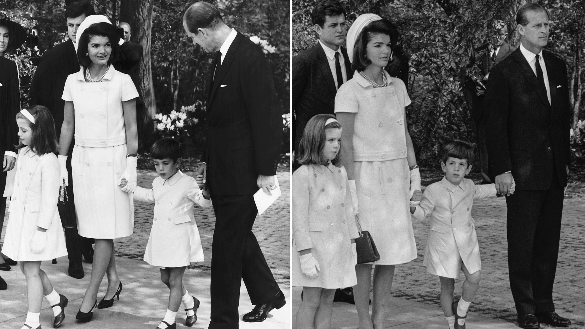 Jackie Kennedy, widow of assassinated US President John F. Kennedy, with her children Caroline and John F. Kennedy Jr., who held hands with Prince Philip at Runnymede for The Kennedy Memorial Stone ceremony May 14, 1965