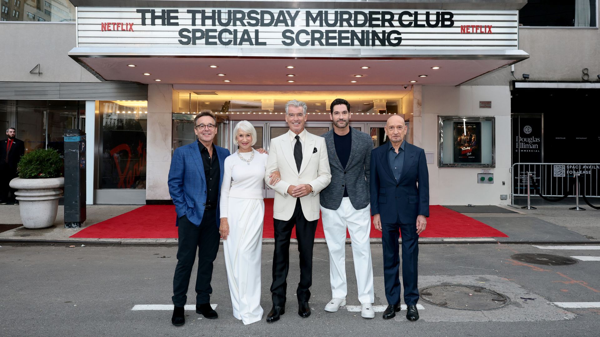 (L-R) Chris Columbus, Helen Mirren, Pierce Brosnan, Tom Ellis, and Ben Kingsley attend the NYC Special Screening of The Thursday Murder Club