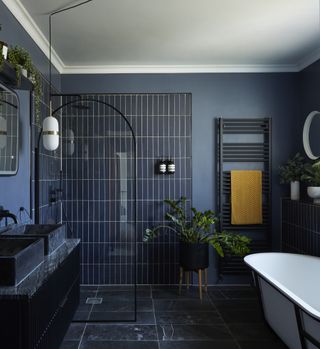 Navy bathroom with tiled shower area