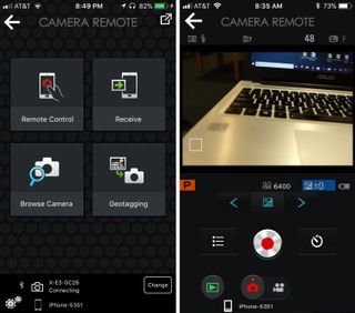 Fujifilm's easy-to-use mobile app lets you shoot photos or video remotely, or change settings. Left, the app's home screen provides additional options.