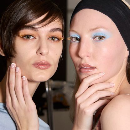 two models with green eyes wearing eyeshadow