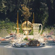 An outdoor table set up for a garden soiree with plates, cutlery, glass jugs, and decor from Mytheresa.