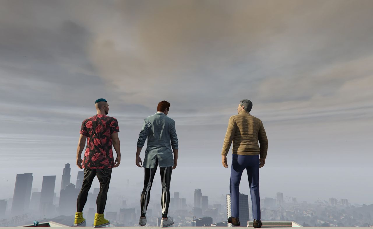 Three figures surveying city skyline in still from Grand Theft Hamlet