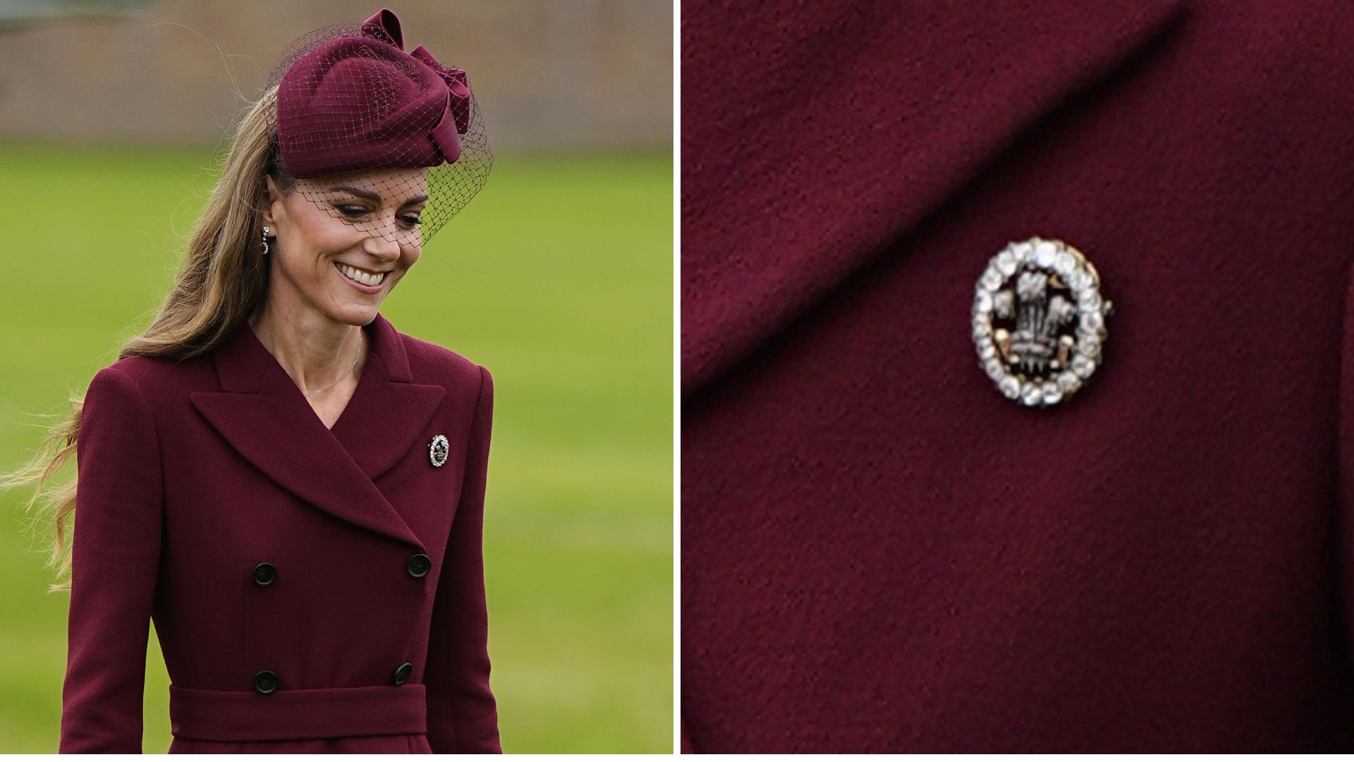 A composite of a picture of the Princess of Wales wearing a brooch during the State Visit in September 2025 and a close-up picture of this brooch