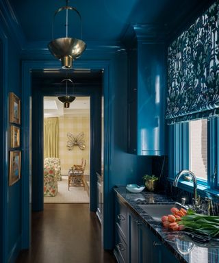 Blue butler's pantry in a light filled 1930s home with clever use of pattern