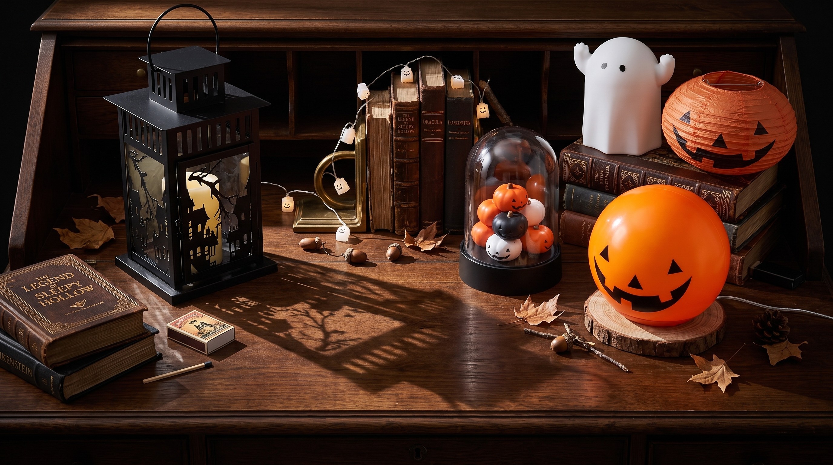 IKEA Halloween lights set up on table at night