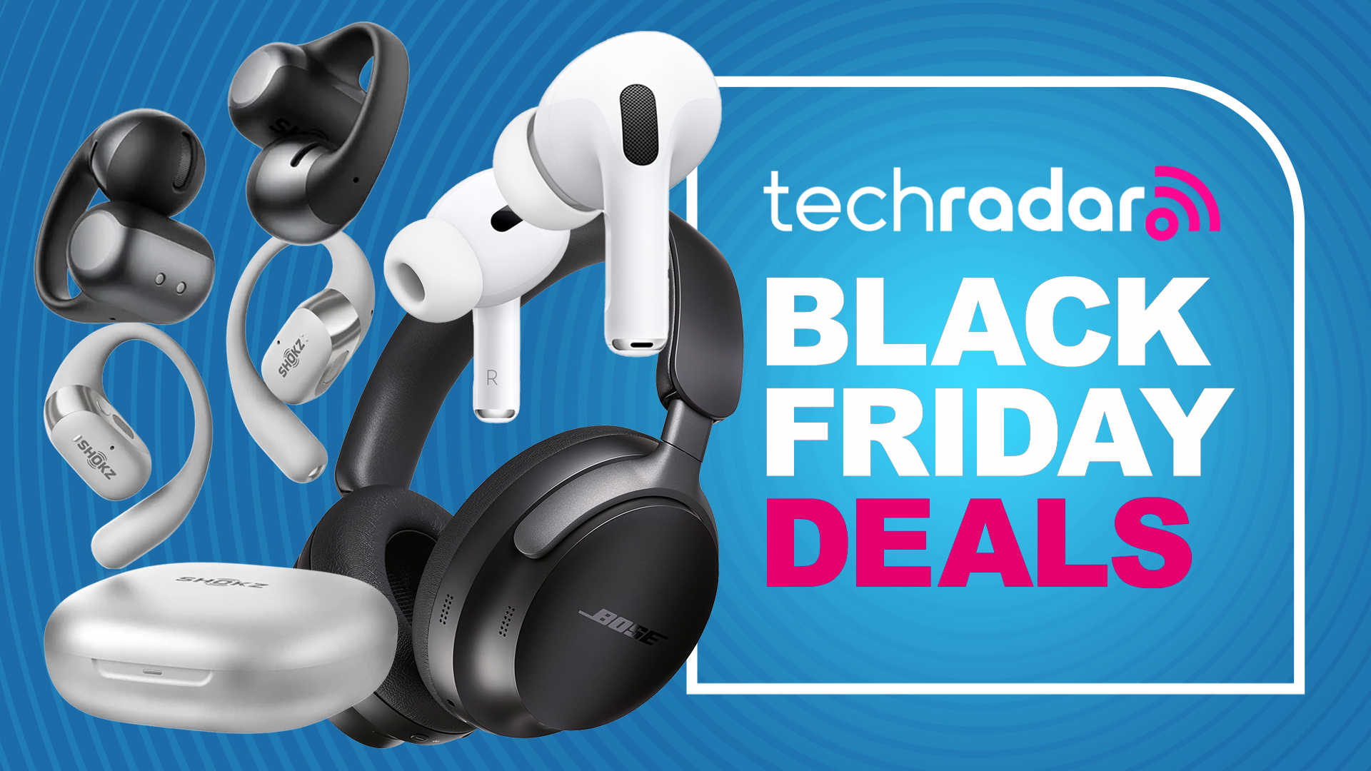 AirPods Pro, Bose headphones, and Shokz earbuds with a sign saying Black Friday deals