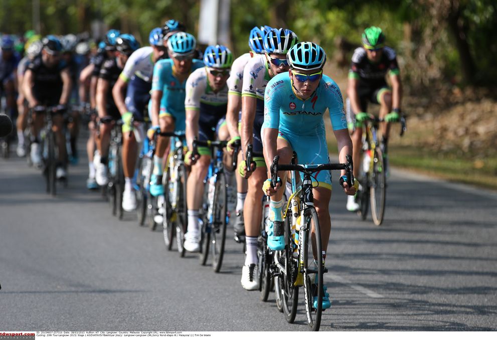 The Astana team lead the peloton at the Tour de Langkawi
