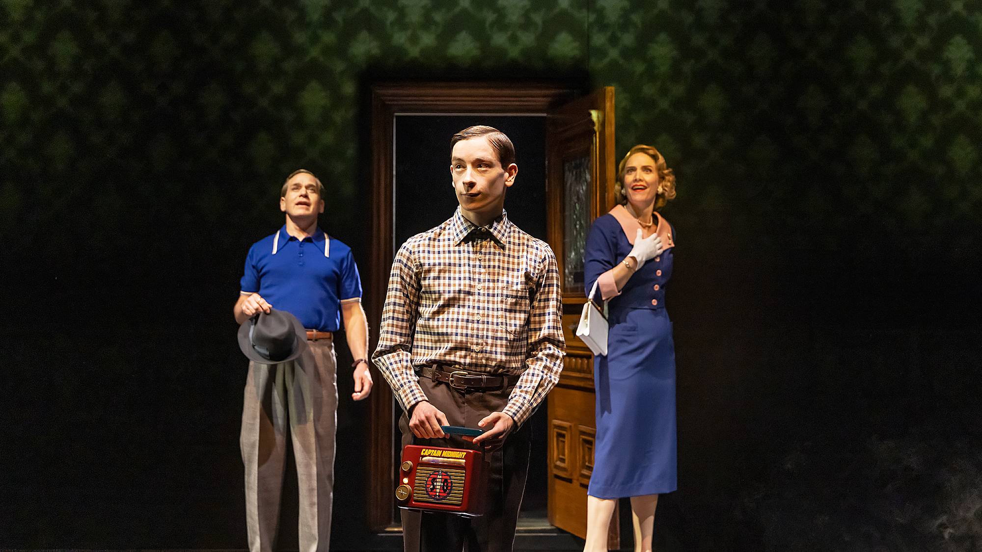 T.R. Knight as Victor Creel, Louis McCartney as Henry Creel, and Rosie Benton as Virginia Creel in Netflix’s Stranger Things: The First Shadow at Marquis Theatre on Broadway