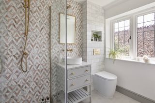 Modern bathroom with patterned tile around shower and vanity unit