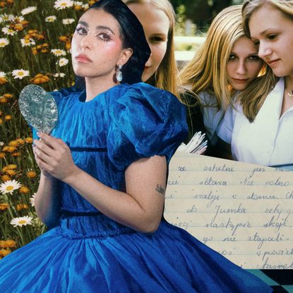 a collage of images of the singer mia berrin from pom pom squad in a blue tutu and stills from the movie the virgin suicides against a backdrop of diary entries and daisies
