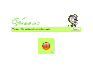 A red recording button and a cartoon girl speaking into a microphone sit against a white backdrop. There is text that reads: Vocaroo - the leading recording service.