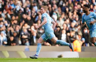 Manchester City’s Kevin De Bruyne celebrates scoring their side’s first goal of the game during the Premier League match at Etihad Stadium, Manchester. Picture date: Saturday January 15, 2022
