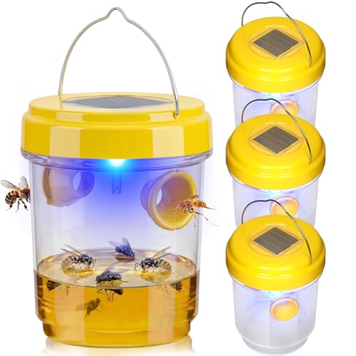 Wasp Trap Outdoor Hanging 4 Pack, Yellow Jacket Trap, Bee Traps Solar Powered, Carpenter Bee Traps for Outside, Reusable Hornet Catcher With Led Light for Garden, Farm &amp;amp; Orchard