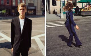 Two images, Left- male model wears black suit and white T-shirt, Right- Female model in dark blue suit
