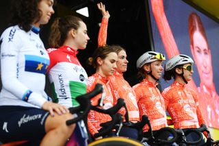 LE GRANDBORNAND FRANCE AUGUST 18 Demi Vollering of The Netherlands and Team SD Worx Protime C with teammates prior to the 3rd Tour de France Femmes 2024 Stage 8 a 1499km stage from Le GrandBornand to Alpe dHuez 1828m UCIWWT on August 18 2024 in Le GrandBornand France Photo by Alex BroadwayGetty Images