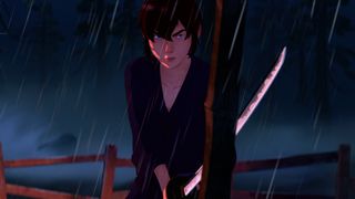 Mizu brandit son katana pendant une nuit d'orage dans Blue Eye Samurai, l'une des meilleures séries Netflix.
