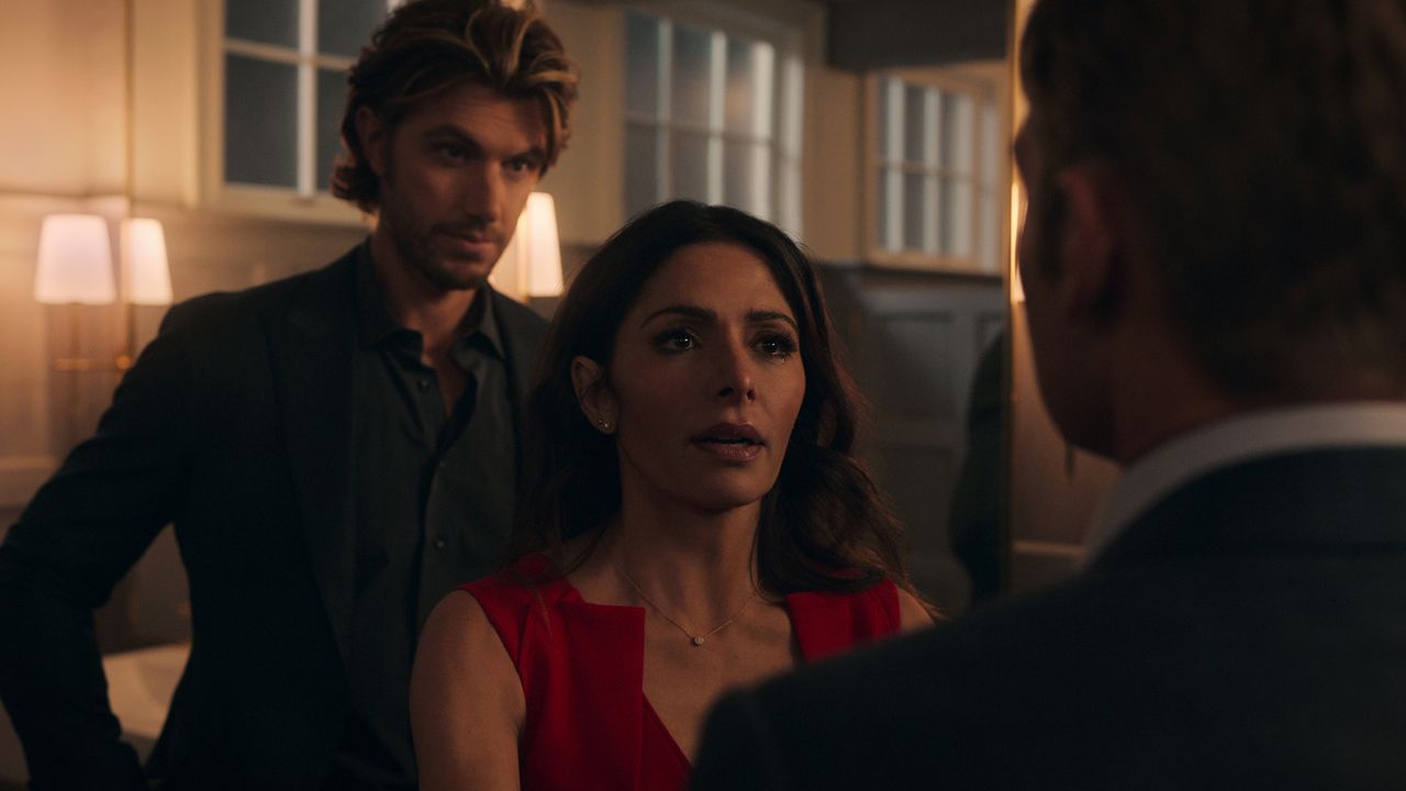 Adam Demos as Brad Simon, Sarah Shahi as Billie Connelly, and Mike Vogel as Cooper Connelly in "Sex/Life" on Netflix.