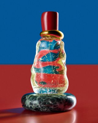 Bottega Veneta Come With Me perfume bottle on a red and blue background