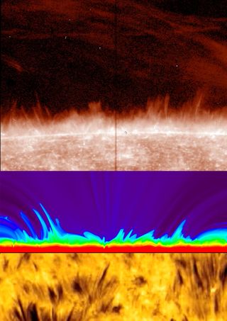 Spicules can be seen in the top image, which was taken with the NASA IRIS spectrograph. In the middle panel, a numerical model simulates these jets. The jets are observed from another angle in the bottom image, taken with the Swedish 1-meter Solar Telescope (SST) at the Roque de los Muchachos on La Palma, in Spain's Canary Islands).