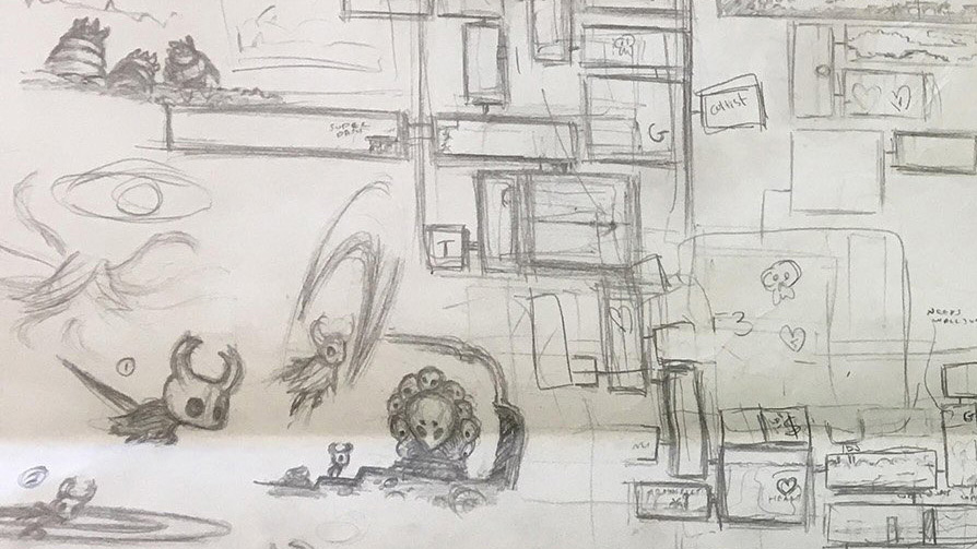 Ari Gibson's sketches of Hollow Knight characters on the edge of an early map design.