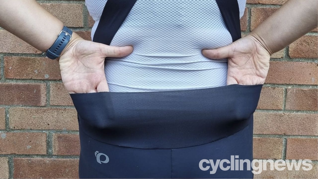 Close up of the flexible rear panel that makes up the droptail design on the Pearl Izumi Women's Expedition Shorts