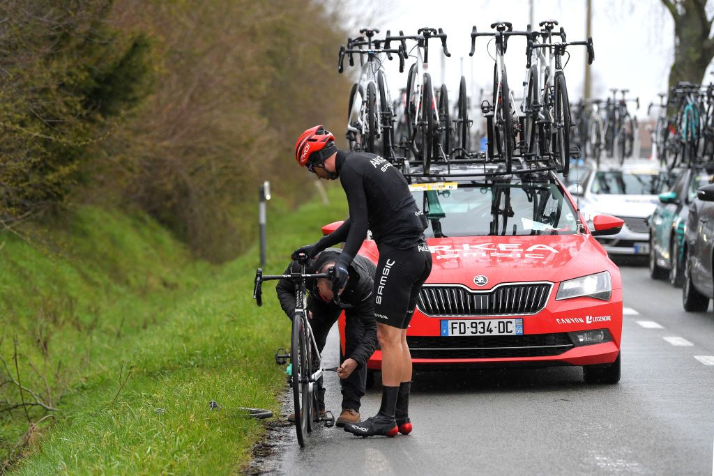 NOKERE BELGIUM MARCH 17 Amaury Capiot of Belgium and Team Arkea Samsic during the 75th Nokere Koerse Danilith Classic 2021 Mens Elite a 1955km race from Deinze to Nokere Mechanic Mechanical Problem Wheel NokereKoerse on March 17 2021 in Nokere Belgium Photo by Luc ClaessenGetty Images