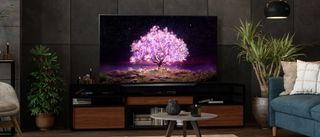 LG C1 OLED-tv med tændt skærm i en hyggelig stue