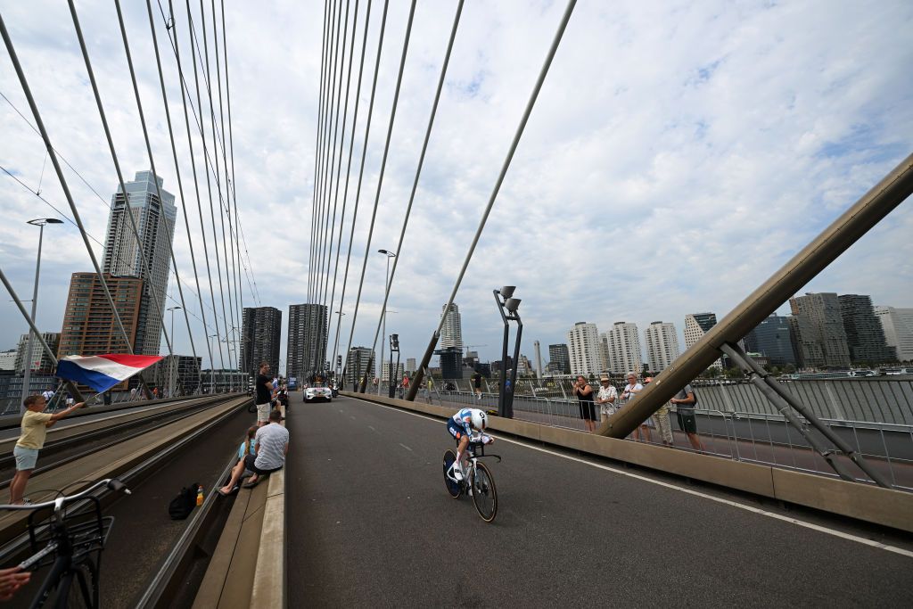 ROTTERDAM NETHERLANDS AUGUST 13 Becky Storrie of The United Kingdom and Team dsmfirmenich PostNL sprints during the 3rd Tour de France Femmes 2024 Stage 3 a 679km individual time trial stage from Rotterdam to Rotterdam UCIWWT on August 13 2024 in Rotterdam Netherlands Photo by Dario BelingheriGetty Images