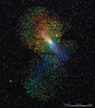Each of the dots on this image represents an individual star in the Andromeda Galaxy, with the motion of the star (relative to the galaxy) color-coded from blue (moving toward us) to red (moving away from us).