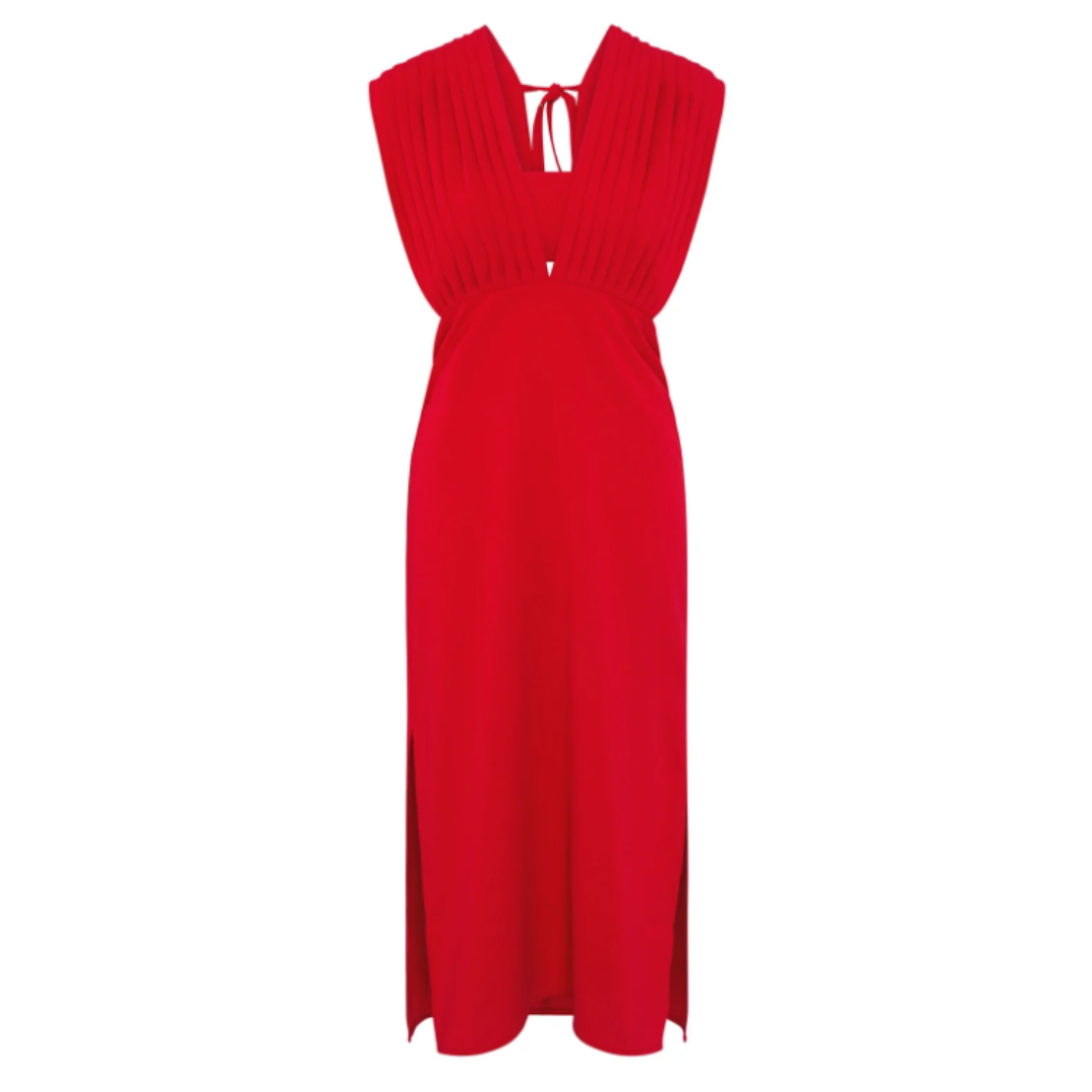 red midi dress with pleated shoulder detail