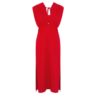 red midi dress with pleated shoulder detail