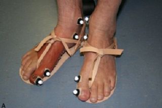 A volunteer in the study wears a replica of an ancient Egyptian prosthetic toe with imitation Egyptian sandals.