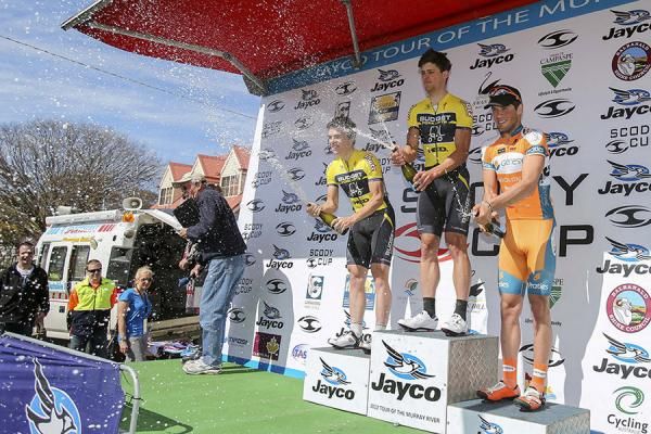 Time for the champagne! Celebrations on the podium at the end of the opening stage of the Tour of the Murray River