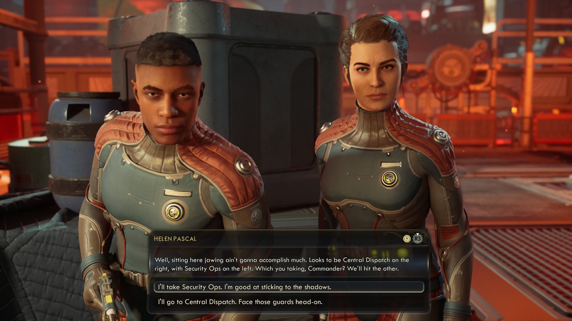 The Outer Worlds 2 screenshot showing Helen and Niles from the Earth Directorate as the player chooses between taking the stealthy route or taking the guards head on