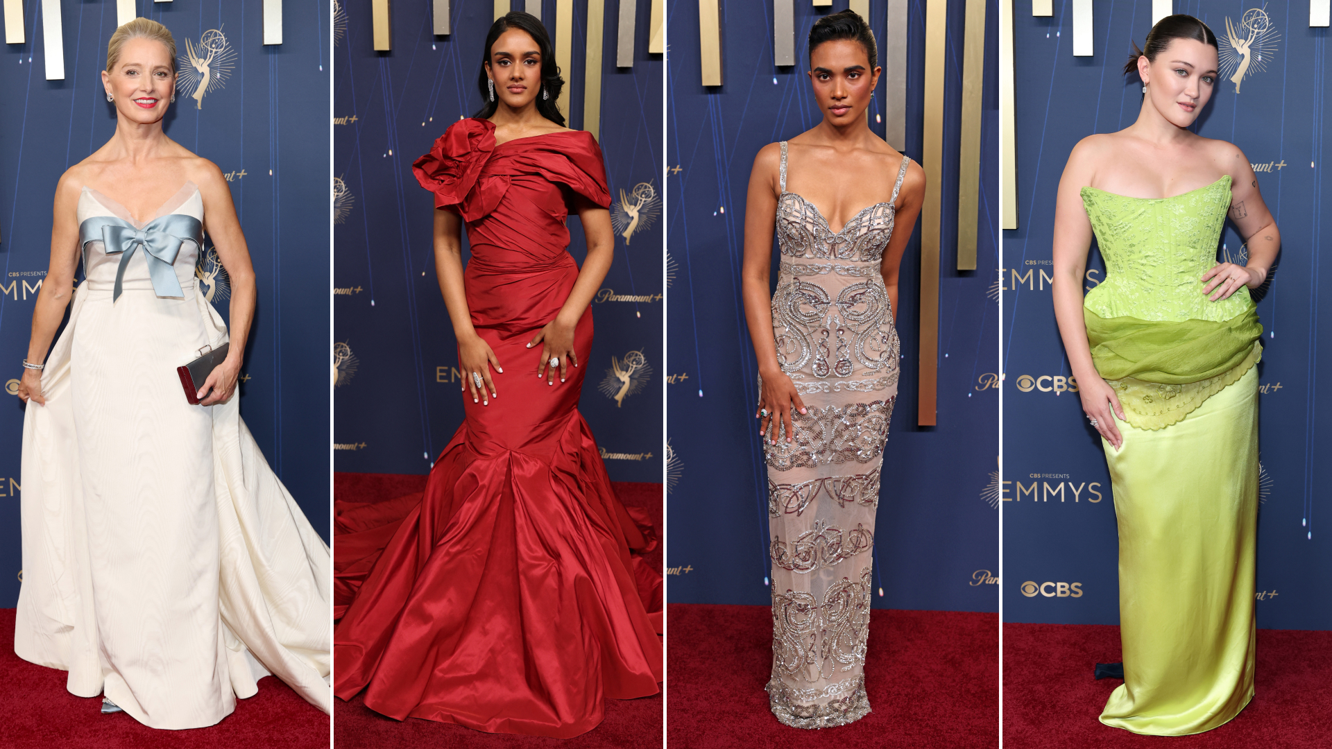 Split image of Katherine LaNasa, Shabana Azeez, Supriya Ganesh, and Isa Briones at the 2025 emmys red carpet