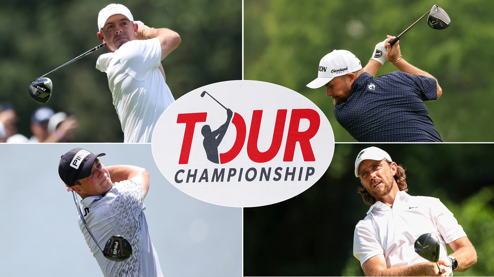 A Tour Championship logo with multiple players surrounding it