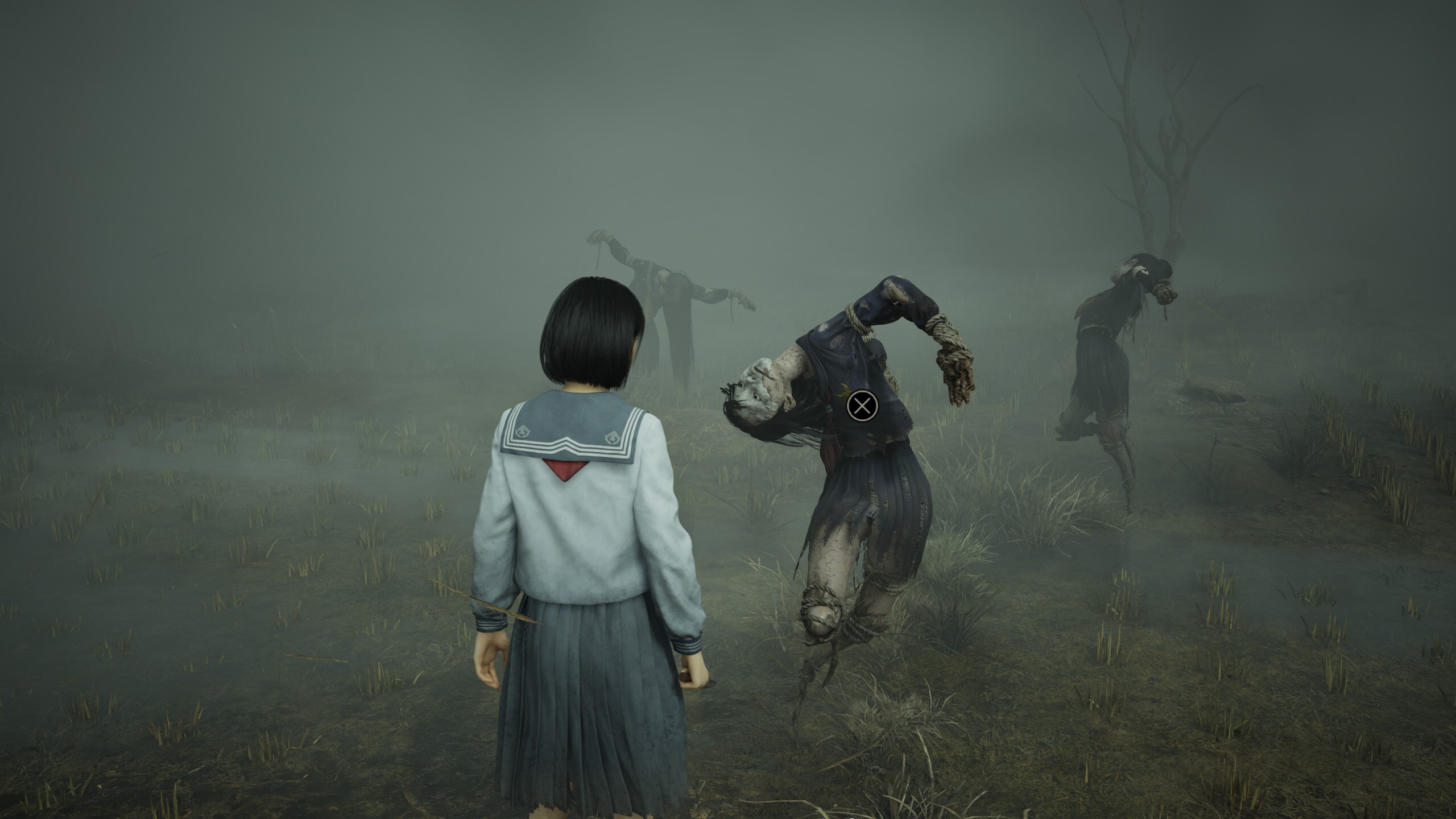Silent Hill f scarecrow field puzzle: Hinako looking at a scarecrow that's bent over backwards. 