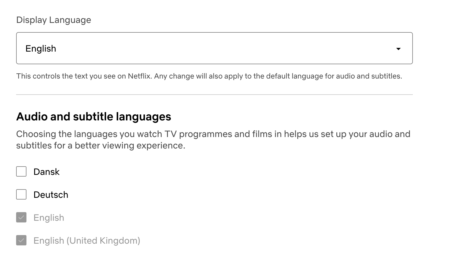 Language settings on Netflix website