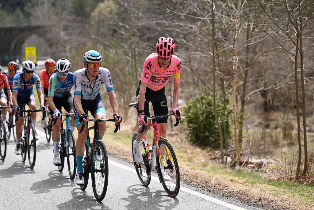 PORT AINE SPAIN MARCH 20 LR Nicolas Prodhomme of France and Team DecathlonAG2R La Mondiale Jack Haig of Australia and Team BahrainVictorious and Hugh Carthy of Great Britain and Team EF EducationEasyPost compete in the breakaway during the 103rd Volta Ciclista a Catalunya 2024 Stage 3 a 1767km stage from Sant Joan de les Abadesses to Port Aine 1967m UCIWT on March 20 2024 in Port Aine Spain Photo by David RamosGetty Images