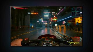 «Cyberpunk 2077» kjørende på en LG C2 (OLED-TV)