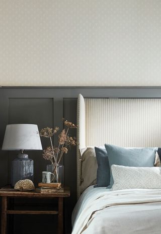 bedroom with grey panel and wallpaper in cottage bedroom style
