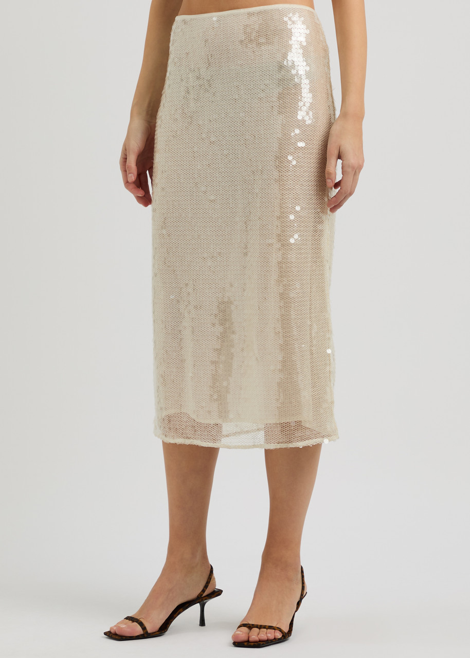 Sequin-Embellished Open-Knit Midi Skirt